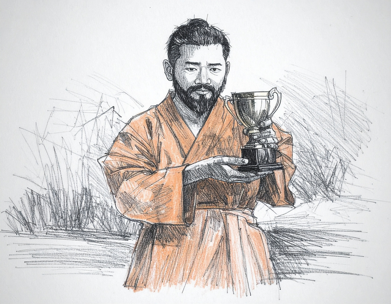 Firefly A bearded Korean man in his mid-30s, wearing an orange jumpsuit, holds a trophy in one hand .jpg