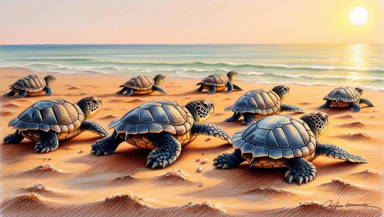 새끼 거북이들이 포식자를 피해 바닷가로 열심히 기어가고 있다.jpg