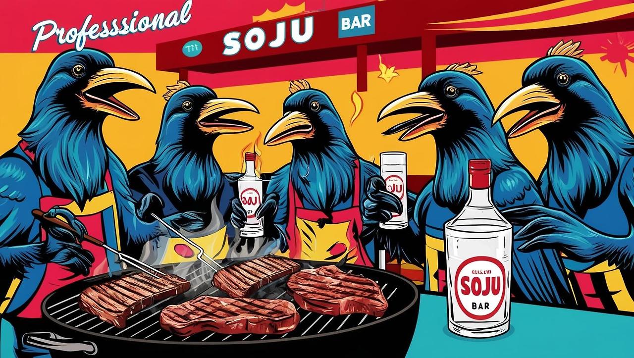 까마귀들이 신이 난 표정으로 술집에서 고기를 구우며 소주를 한 잔 기울이고 있다..jpg