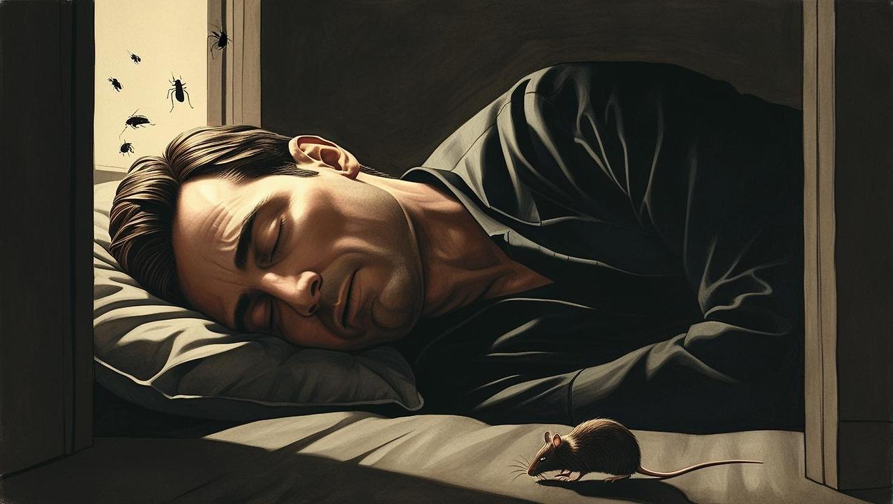 불이 꺼진 방에 한 남자가 잠에 들자 바퀴벌레와 쥐들이 몰래 기어나와 집안을 들쑤신다. .jpg