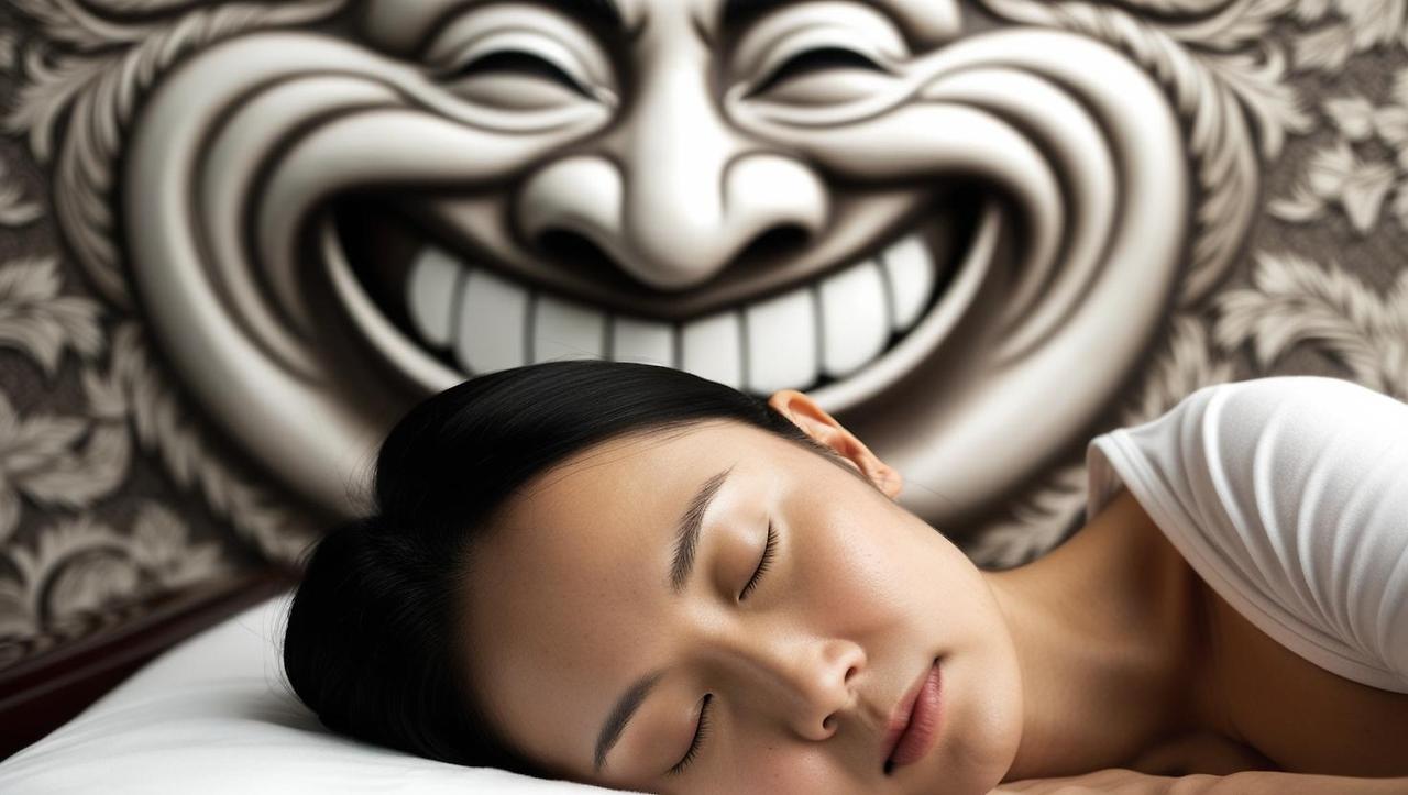 잠에 빠진 한 여자의 뒤로 음흉한 표정을 지은 벽지가 그녀를 보고 활짝 웃고 있다.jpg