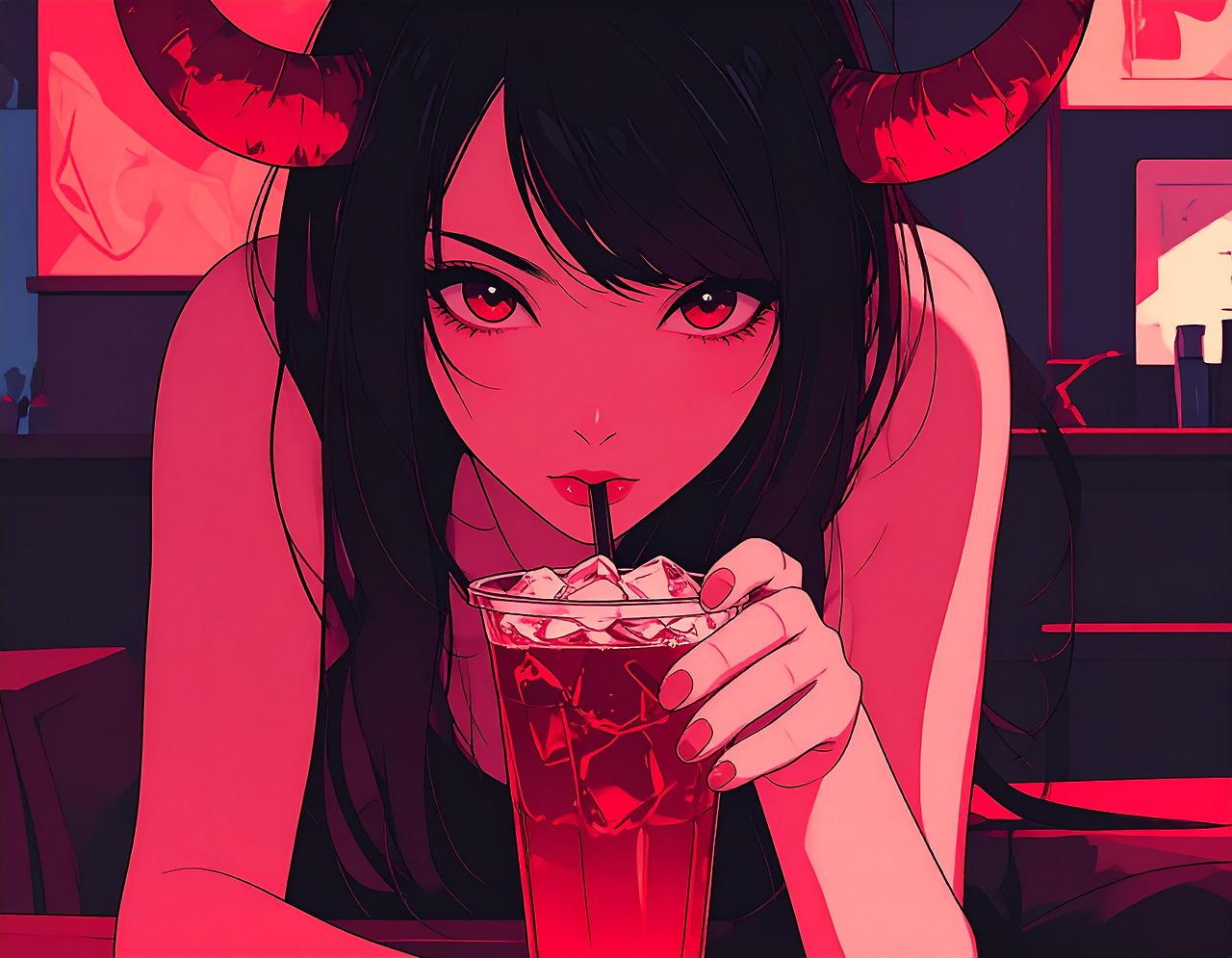 Firefly_A Korean woman in her early 20s is drinking iced coffee while looking like a devil. 660844.jpg