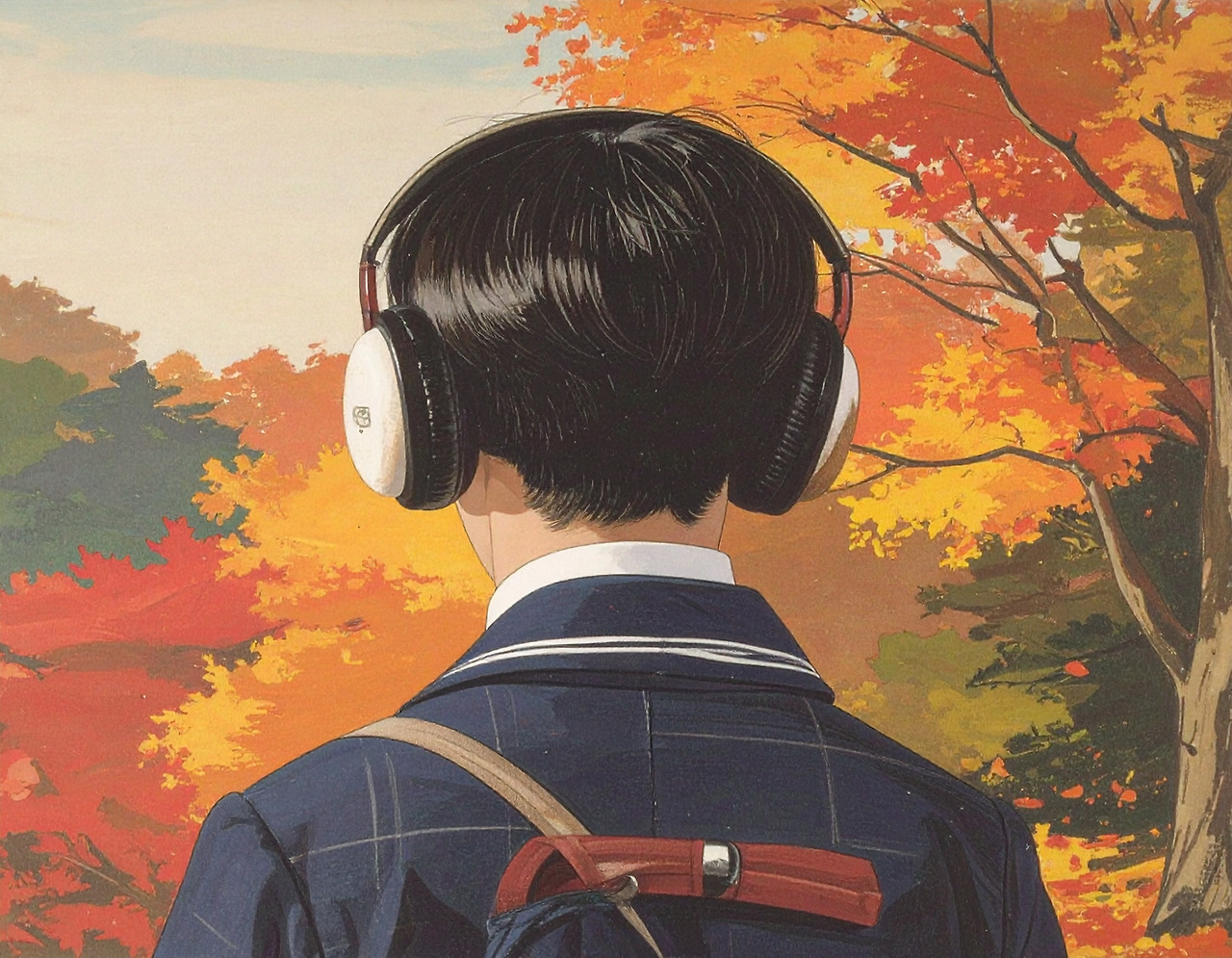 Firefly A teenage Korean male wearing earmuffs is shown from behind in his school uniform against an.jpg