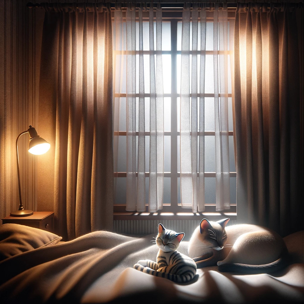 DALL·E 2024-02-12 00.31.13 - A detailed and realistic scene of a cozy room at night, illuminated by soft light seeping through the gaps of a closed thin curtain. The window lets i.jpg