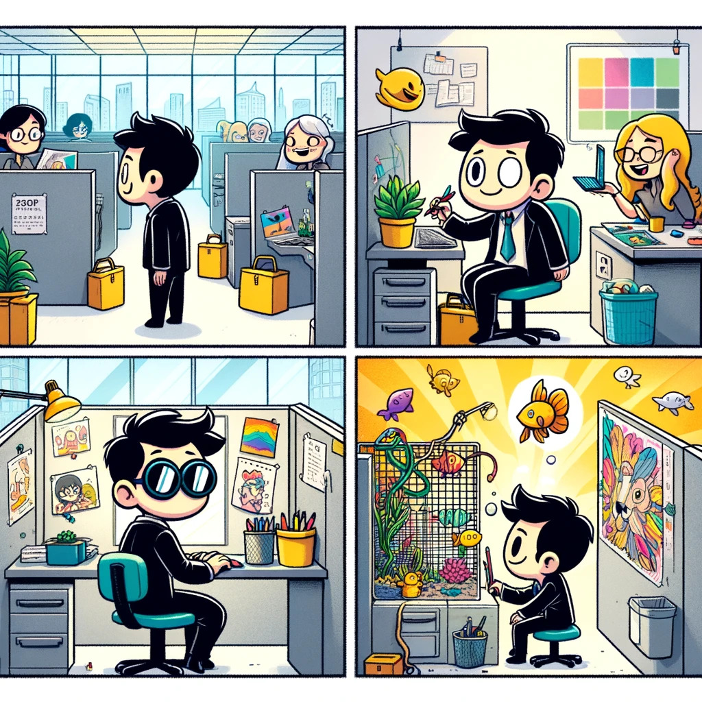 DALL·E 2024-02-24 14.28.18 - Create a four-panel comic strip in a cartoon style that tells the story of an art student navigating their way through the corporate world of a large .jpg