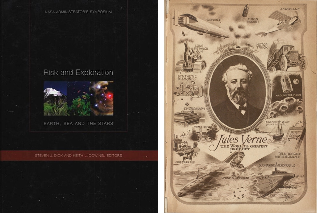 NASA ‘Risk and Exploration’ 심포지엄 실록(2004) 표지(왼쪽)와 스미 소니언 도서관 온라인 전시(2005) ‘A Jules Verne Centennial’ 포스터(오른쪽).jpg