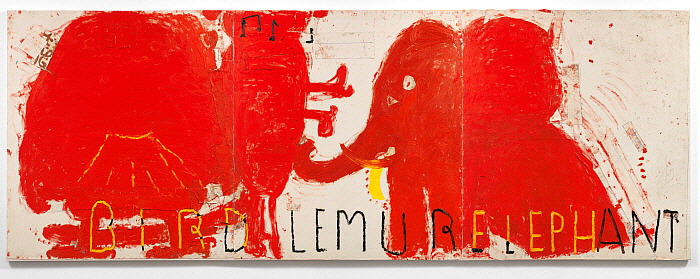 Red Painting Bird, Lemur and Elephant, 2016, Rose Wylie.jpg