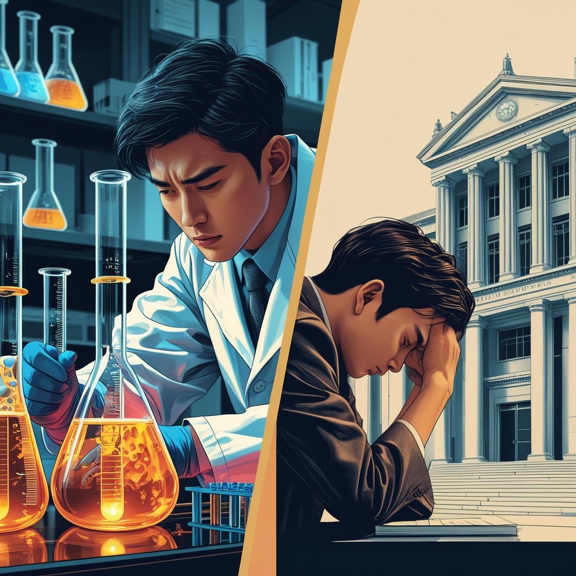 아시아 대학원생의 '양면적 삶' 콜라주__한 명의 대학원생이 실험실에서는 과학자처럼 행동하고 있지만, 제도, 행정 앞에서는 무력하게 고개를 숙인 모습.jpg