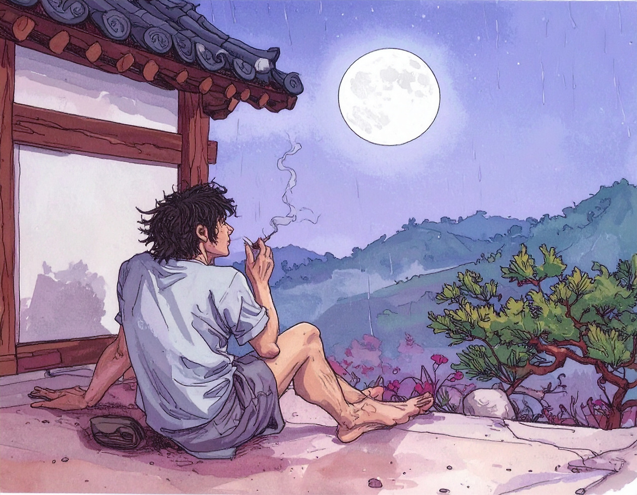 Firefly_비내리는 밤 한옥 툇마루에 앉아  달을 보며 담배를 태우고 있는 더벅머리 남자의 뒷모습. 남자는 반팔 셔츠와 반바지를 입었어 542670.jpg