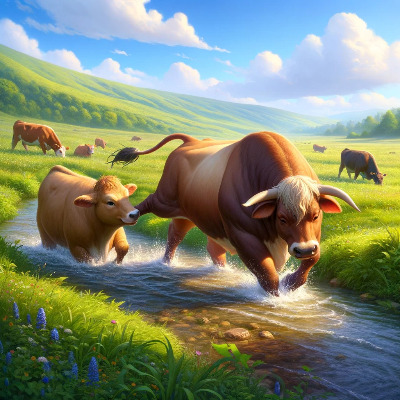 DALL·E 2024-05-29 19.14.39 - In a lush green meadow with a clear blue sky, Maverick the bull is helping Gaya the cow out of a shallow stream. Gaya has a small brand mark on her hi.jpg