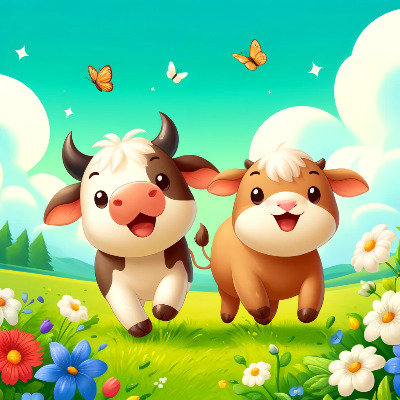 DALL·E 2024-05-29 19.15.06 - Maverick the bull and Gaya the cow, who has a small brand mark on her hind, happily running together in a lush green meadow. They are surrounded by fl.jpg