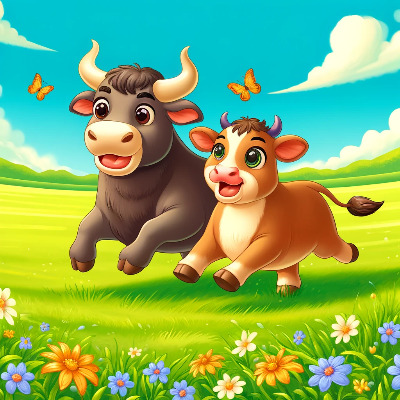 DALL·E 2024-05-29 19.15.33 - In a wide, green meadow under a bright blue sky, a strong bull named Maverick and a gentle cow named Gaya are happily running together. Maverick has n.jpg