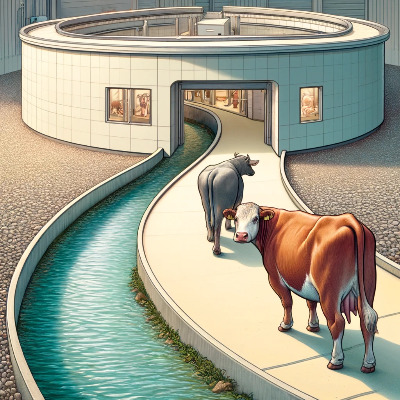 DALL·E 2024-05-29 19.10.33 - A curved entryway with a shallow stream running alongside it in a humane slaughterhouse designed by Temple Grandin. Maverick the bull and Gaya the cow.jpg