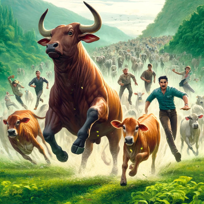 DALL·E 2024-06-02 15.37.01 - A chaotic scene in a lush green meadow. Maverick the bull and Gaya the cow, with a small brand mark on her hind, are leading a group of other cows in .jpg