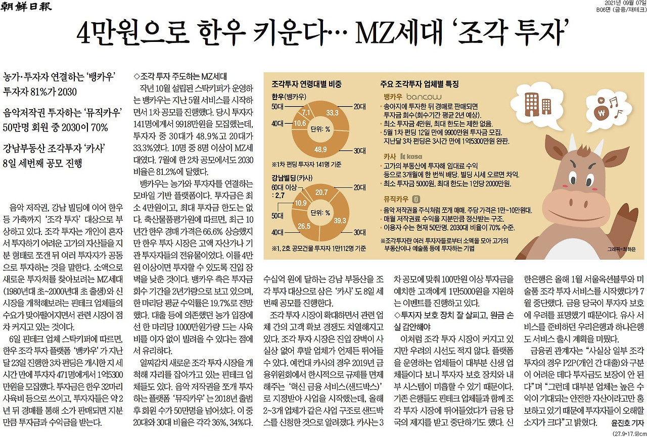 조선일보_4만원으로 한우 키운다… MZ세대 '조각 투자'_금융_재테크 B06_20210907.jpg