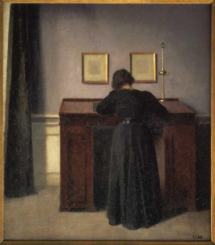 Vilhelm Hammershoi, Woman, writing at a high desk..jpg