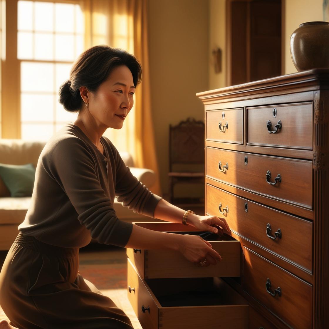 물건을 찾아 집안을 헤매는 40대 아시아 여자를 그려줘요.jpg