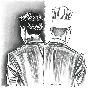 A hand-drawn sketch, tight close-up, high-contrast low-key lighting, split illustration of Paik Jong Won from behind one side as a businessman against a black background, the other as a chef against a whit.jpg