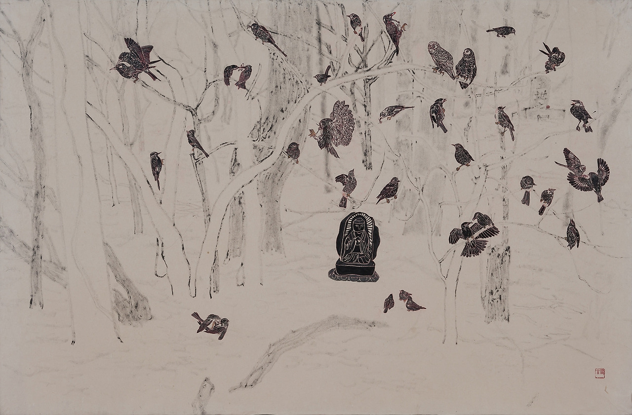 시간과 움직이는 것과 살아있는 것_전체, 장지에 먹 분채 식물성 염료, 125X193cm, 2017.jpg