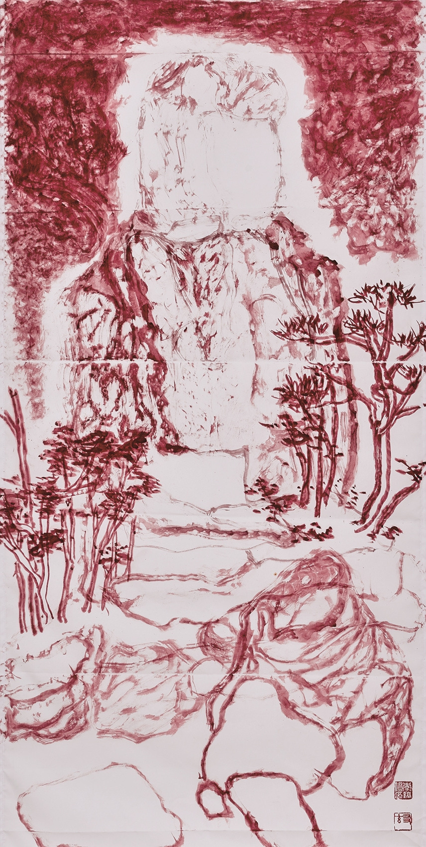 03-20붉은 땅 붉은바위(萬山丹巖), 마천에 석채와 분채, 140x70cm, 2018.jpg