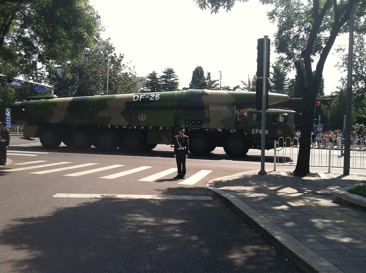 The newly developed DF-26 medium-range ballistic missile as seen after the military parade held in Beijing to commemorate the 70th anniversary of the end of WWII.jpg
