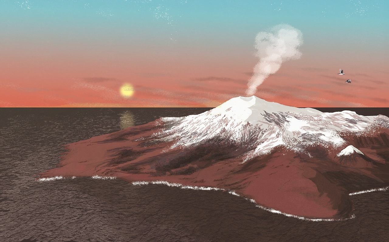 쥘 베른의 '지구 속 여행'에서 지구 아래 세계로 들어가는 입구인 아이슬란드 스네펠스 화산.  로즈윙클프레스.jpg