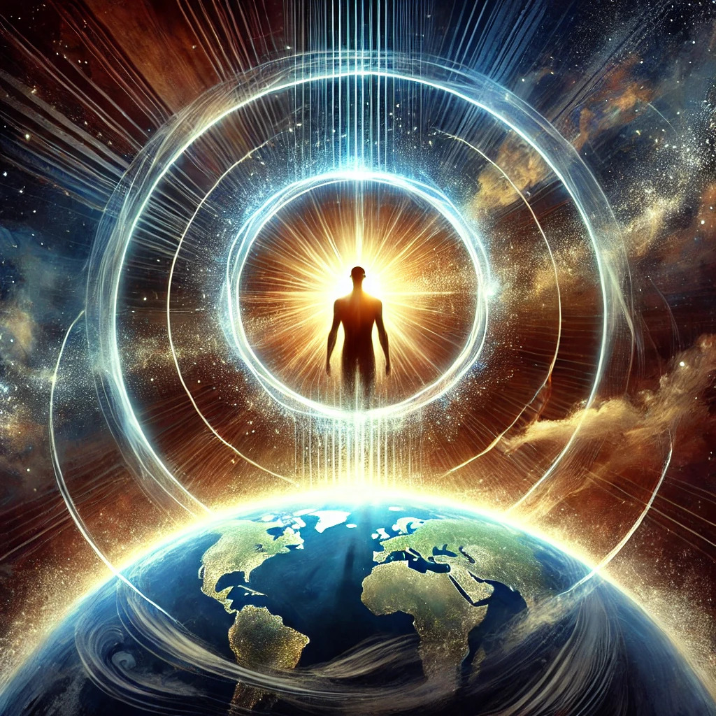 DALL·E 2024-11-09 15.55.42 - An artistic and symbolic illustration of the world revolving around a central figure. The central figure stands confidently, radiating light and energ.jpg