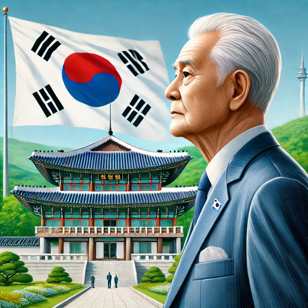 DALL·E 2024-11-09 15.40.50 - An artistic illustration of an elderly man standing in front of South Korea's Blue House (Cheongwadae), with the South Korean flag (Taegukgi) prominen.jpg