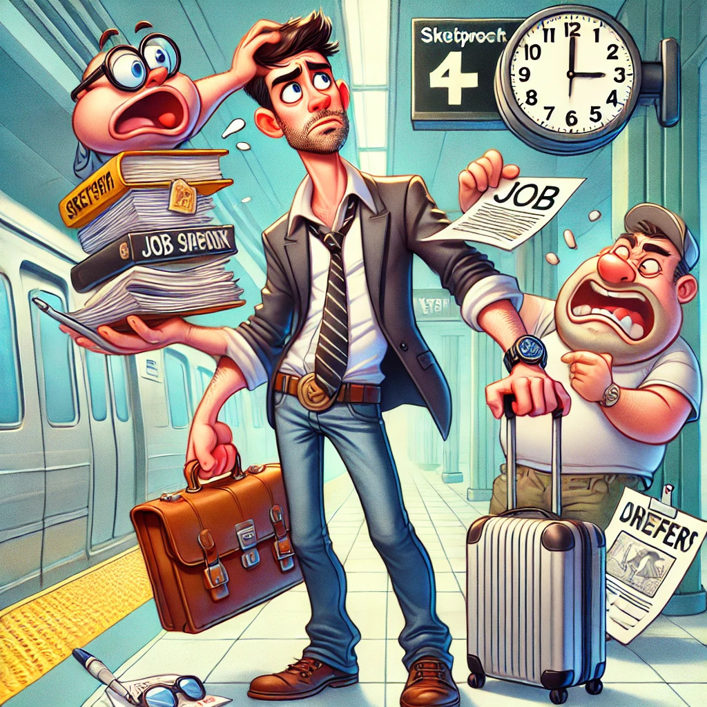 DALL·E 2024-11-08 21.09.01 - A humorous and cartoonish illustration of a man in his early 30s, wearing a slightly oversized business suit, looking perplexed while juggling a sketc.jpg