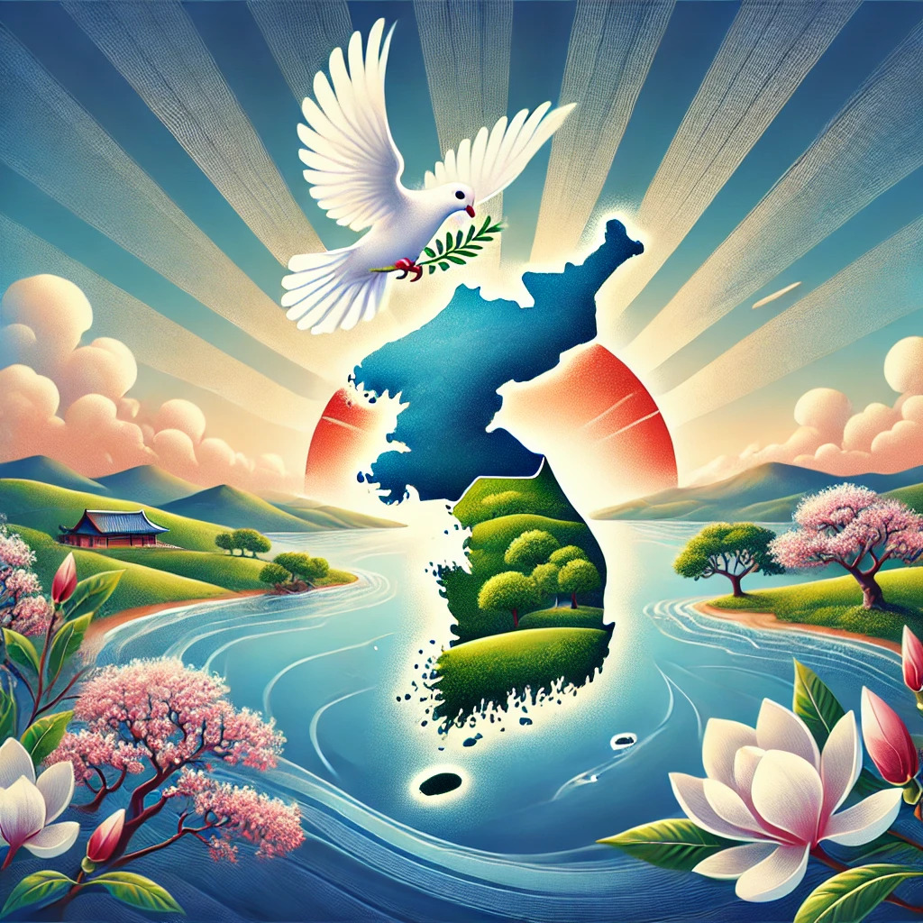 DALL·E 2024-11-09 15.46.23 - A serene and harmonious artistic image of the Korean peninsula. The peninsula is depicted as a lush, green landscape surrounded by calm, blue seas. Ch.jpg