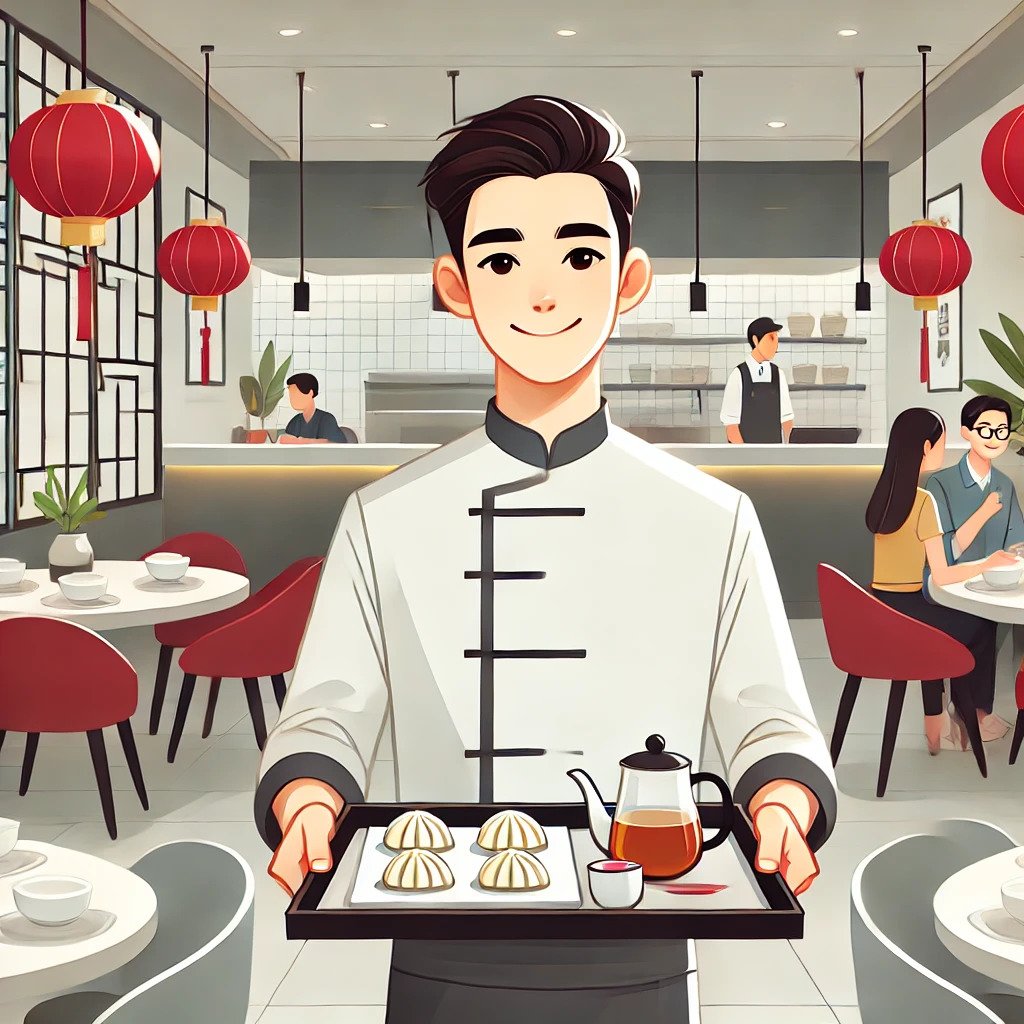 DALL·E 2024-11-09 15.36.50 - A modern and clean cartoon-style illustration of a young man working as a server in a Chinese restaurant. The setting features sleek red and gold acce.jpg
