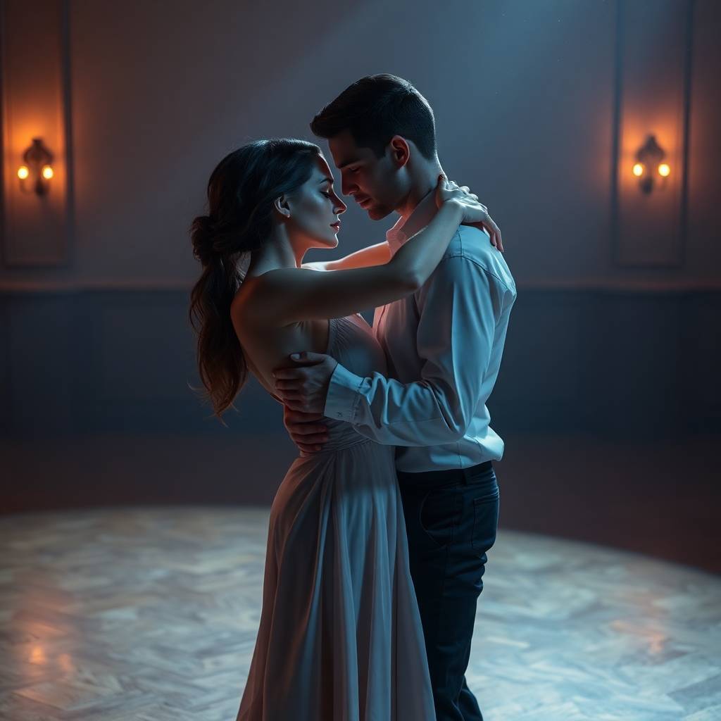 Soft pastel colors illuminate a deeply intimate tango embrace on a dimly lit wooden floor.  Two dancers, eyes closed, foreheads touching, share a silent connection. Warm lighting casts soft shadows, faint starlight.jpg