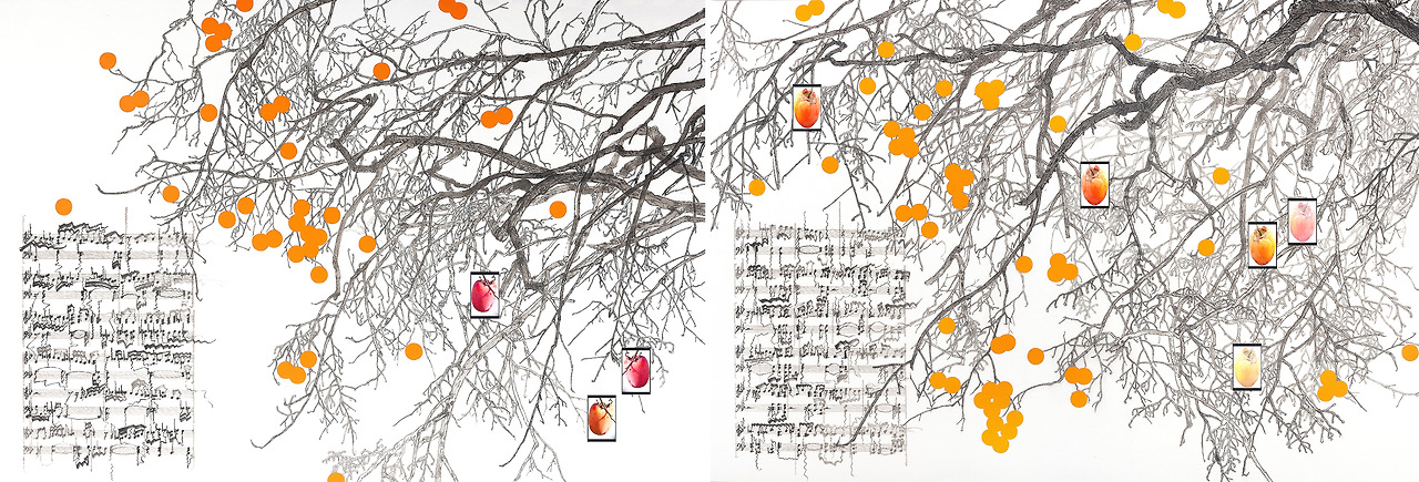 2-최순녕, 감,감,감(枯葉)-3, 4, 2025, 한지에 수묵, 과슈 SuMuk on Hanji, 영상60초, 800x480모니터8개, 380 x 130cm.jpg