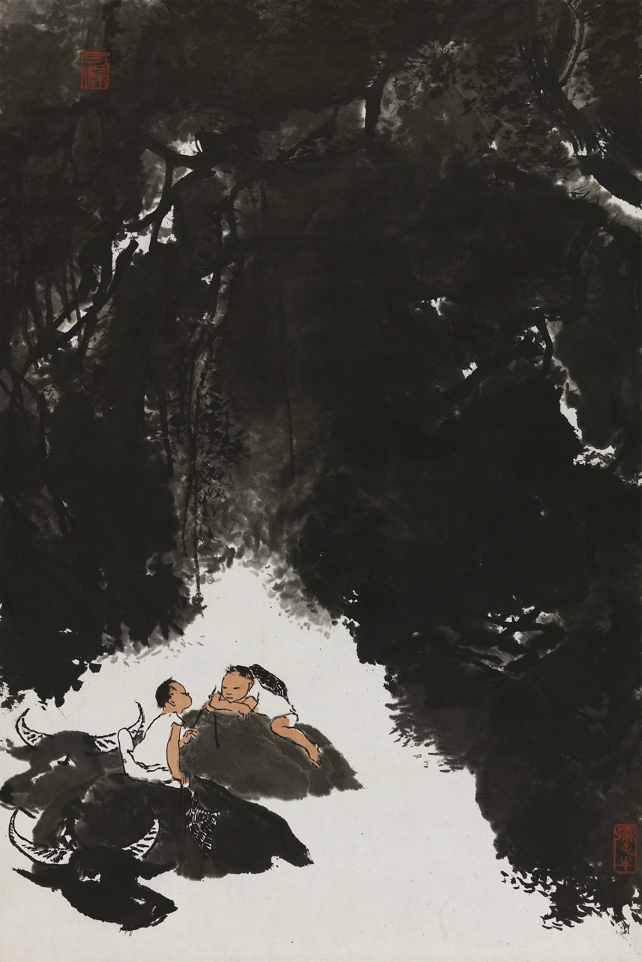 리커란(李可染), 〈용수와 물소(榕樹水牛)〉, 1961, 종이에 먹, 색, 69.2 × 46cm, 중국미술관 소장.jpg