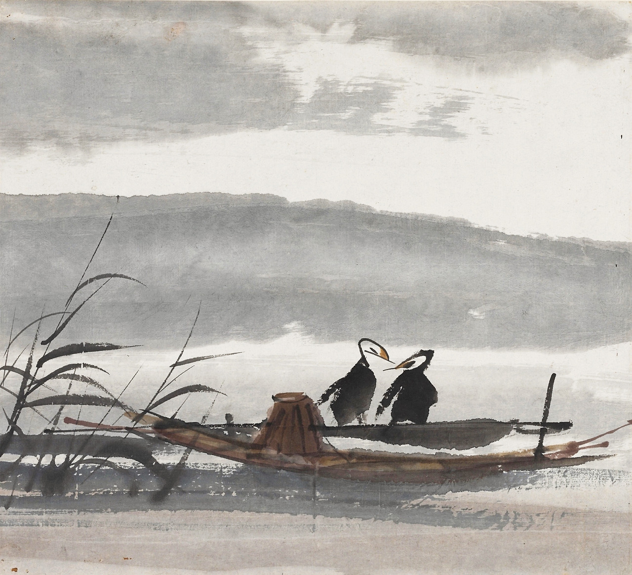 린펑몐(林風眠), 〈물수리와작은 배(魚鷹小舟)〉, 1961, 종이에 먹, 색, 31×34.5cm, 중국미술관 소장.jpg