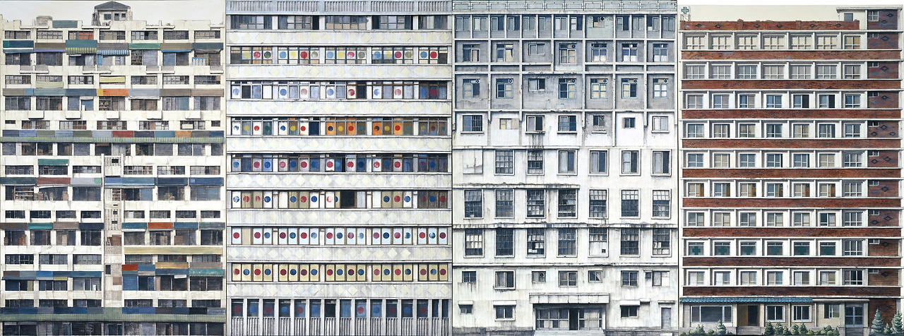 정재호,  〈황홀의 건축-청계타워, 현대오락장, 종로빌딩,용산병원〉,  2006-2007, 종이에 먹, 색, 194x130cm(x3), 190x130cm, 국립현대미술관 소장.jpg