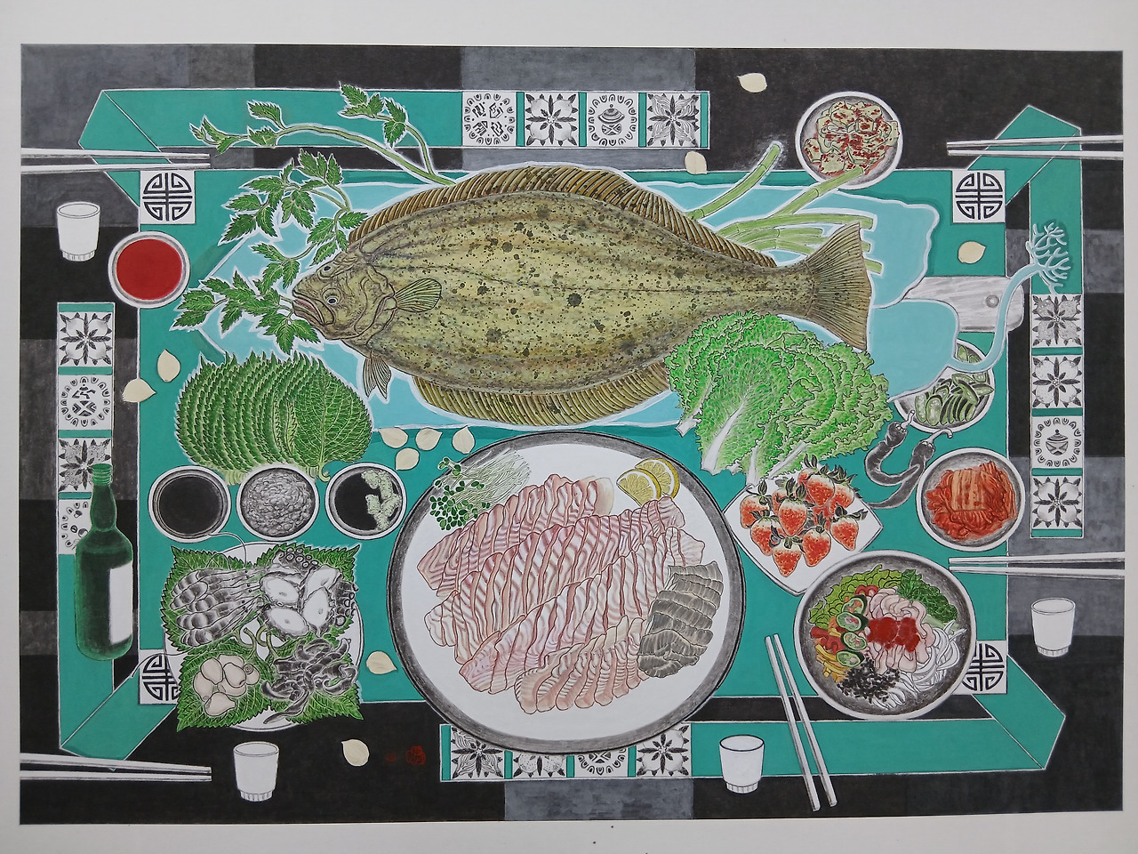 행복밥상-넙치 한 상_122.5x87cm, 한지에 먹과 분채_2025.jpg