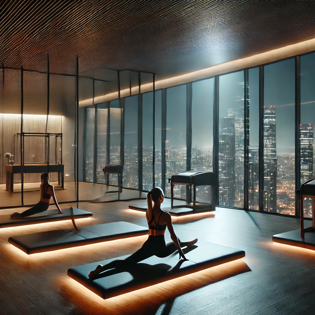 DALL·E 2025-03-15 16.15.05 - A nighttime Pilates session in a modern studio with large floor-to-ceiling windows. The city skyline with lights is visible outside. A woman in athlet.jpg