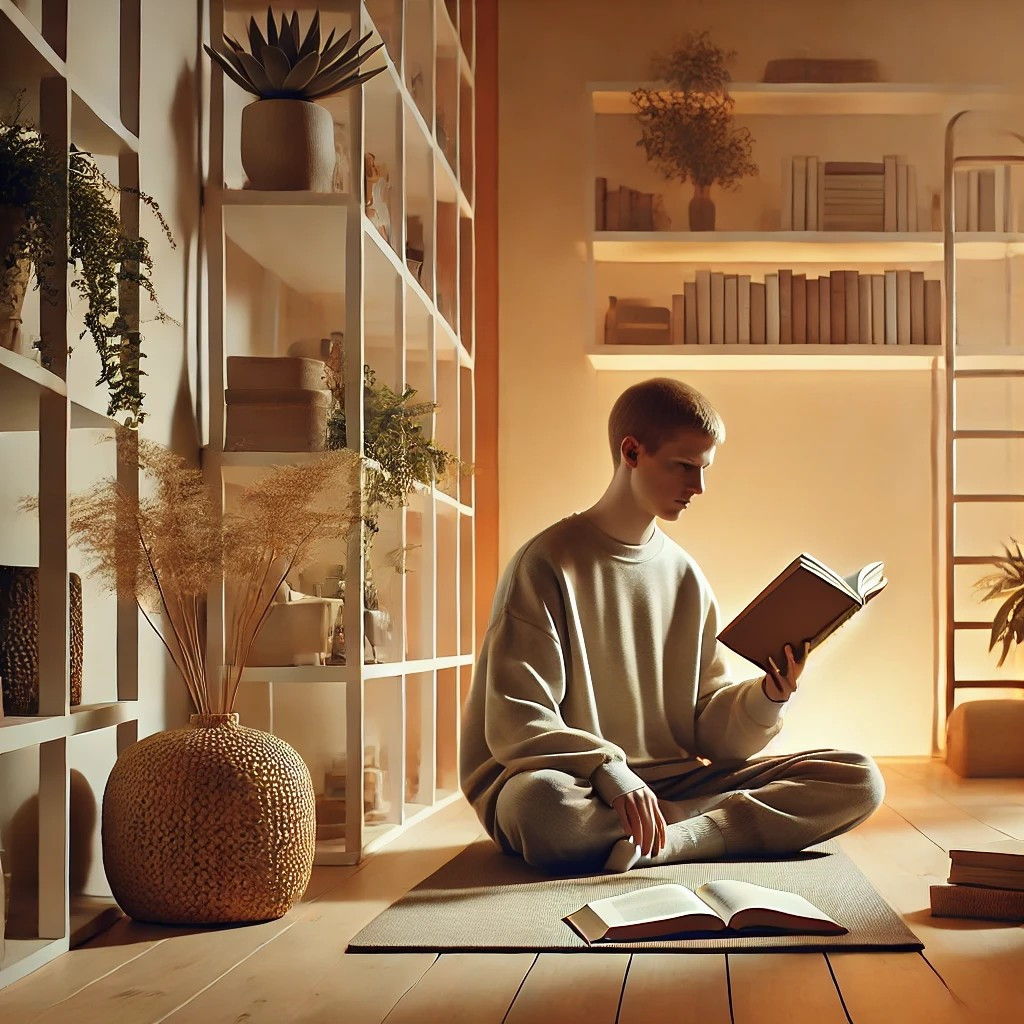 DALL·E 2024-11-26 14.31.14 - A serene image featuring a person engaged in a peaceful activity combining reading and Pilates. The individual is in a cozy home studio with soft, war.jpg