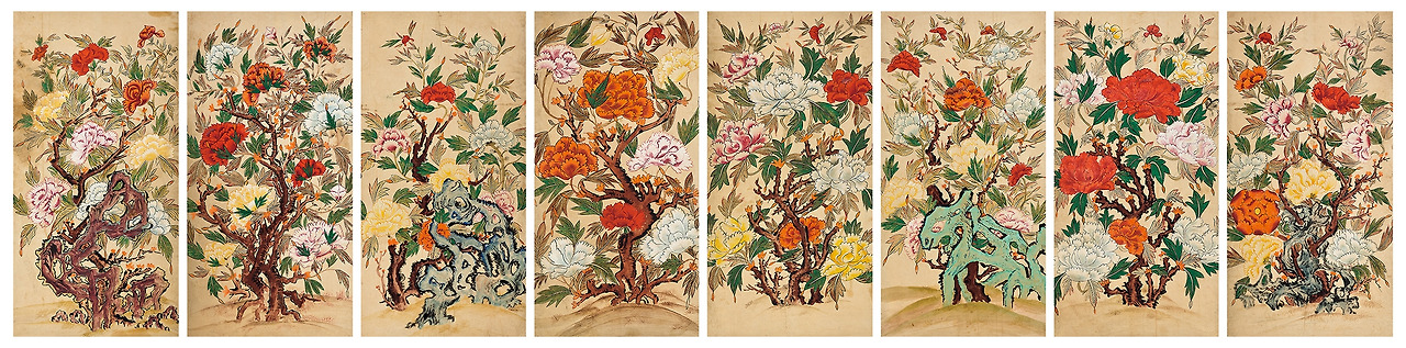 Lot. 92, [모란도], ink and color on paper, 59.7×116.6cm(eight-panel screen), 4억원–6억원.jpg