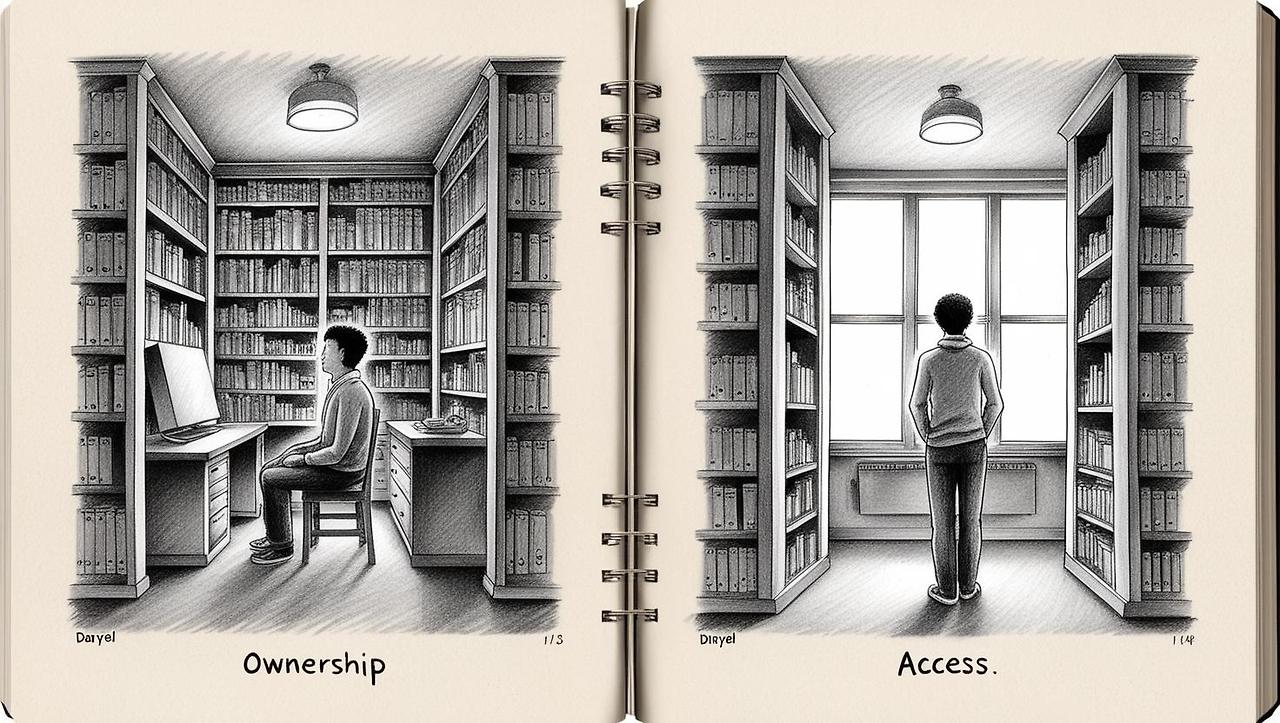 A grayscale pencil sketch split vertically into two contrasting halves. On the left side (“Ownership”), a person sits alone in a room filled with their belongings_ bookshelves, a large desk, a locked cabinet—all pe.jpg