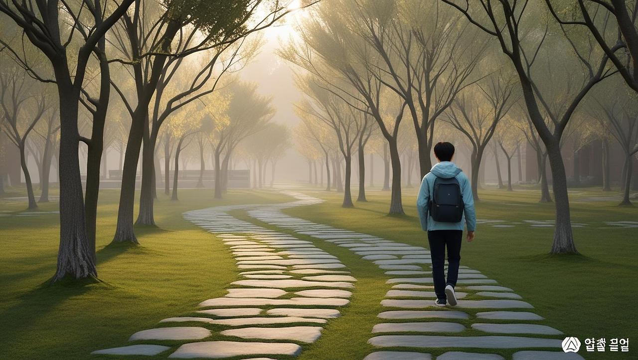 A serene early morning scene at a Korean university campus. Include empty stone paths, tall trees, soft sunlight, and a student walking alone with a backpack. The atmosphere should feel peaceful and fresh, symb (1).jpg