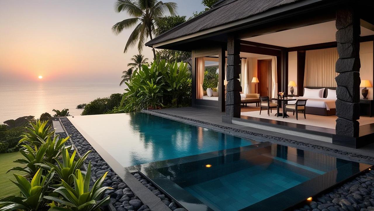 발리 불가리 리조트의 프라이빗 풀빌라. 검은 화산석 외벽, 푸른 식물로 둘러싸인 공간._리빙룸에서 이어지는 인피니티 풀, 그 너머로 펼쳐진 바다 수평선._테라스에는 커플 식탁과 작은 조명이 켜진 노을빛 저녁. 감성적이고 고요한 풍경.__ (1).jpg