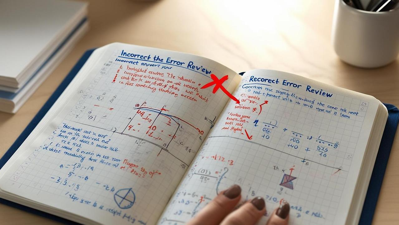 A close-up of a handwritten error review math notebook. Include wrong answers marked, thought process reflections written in the margins, and corrections explained step-by-step. Emphasize critical thinking and  (1).jpg