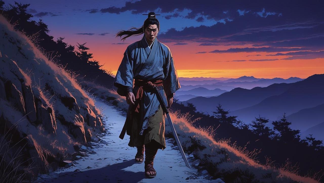 _A lone Korean warrior in tattered robes walking along a narrow mountain path at dusk. The sky is vast and cold, but his steps are steady. In his hand is a sheathed sword. No one is around, only wind and fading (2).jpg