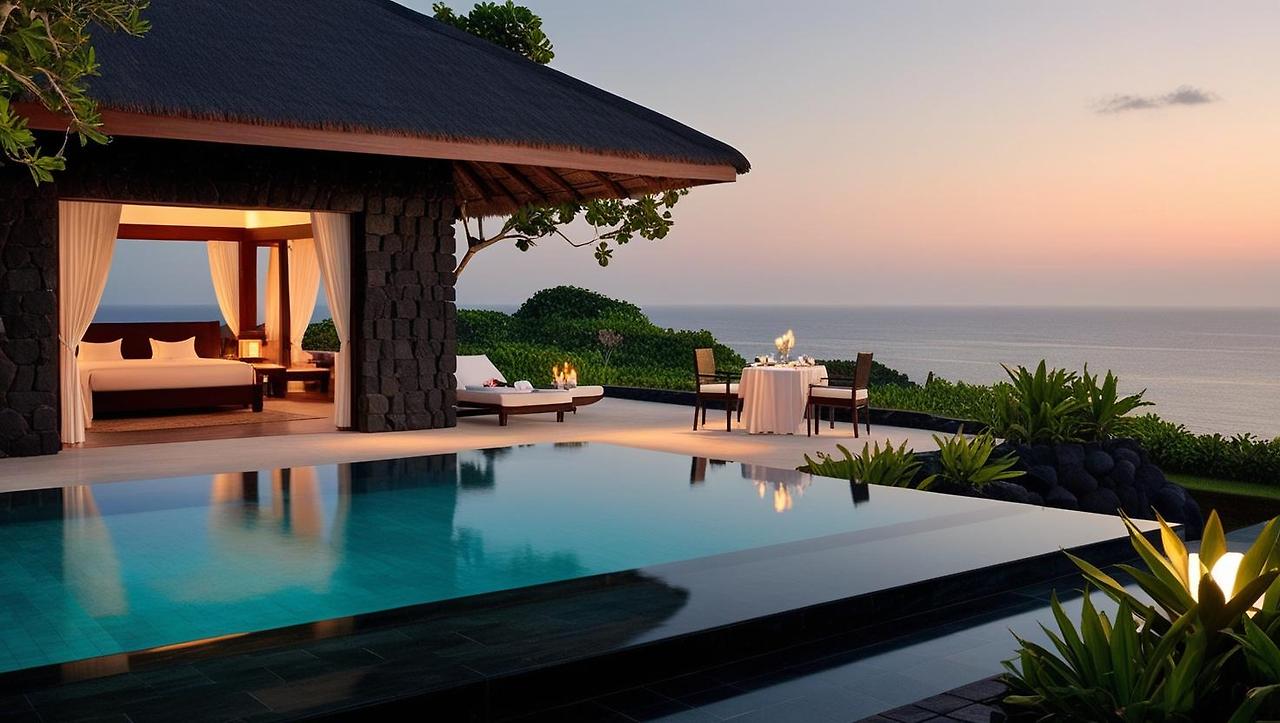 발리 불가리 리조트의 프라이빗 풀빌라. 검은 화산석 외벽, 푸른 식물로 둘러싸인 공간._리빙룸에서 이어지는 인피니티 풀, 그 너머로 펼쳐진 바다 수평선._테라스에는 커플 식탁과 작은 조명이 켜진 노을빛 저녁. 감성적이고 고요한 풍경.__ (2).jpg