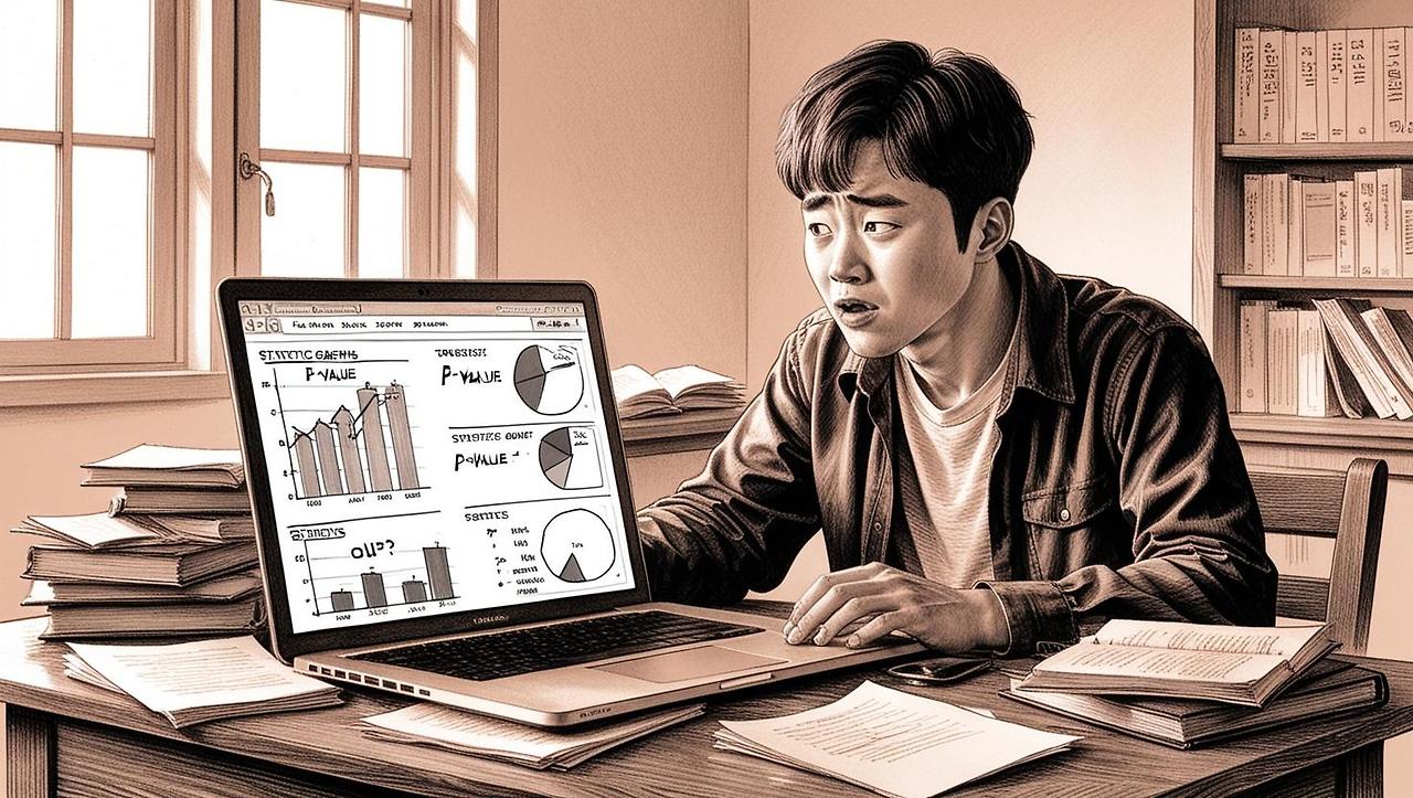 “A young Korean graduate student sitting at a desk, looking confused at a laptop showing statistical graphs or terms like ‘p-value’, with books and papers scattered, warm indoor study room setting” (2).jpg