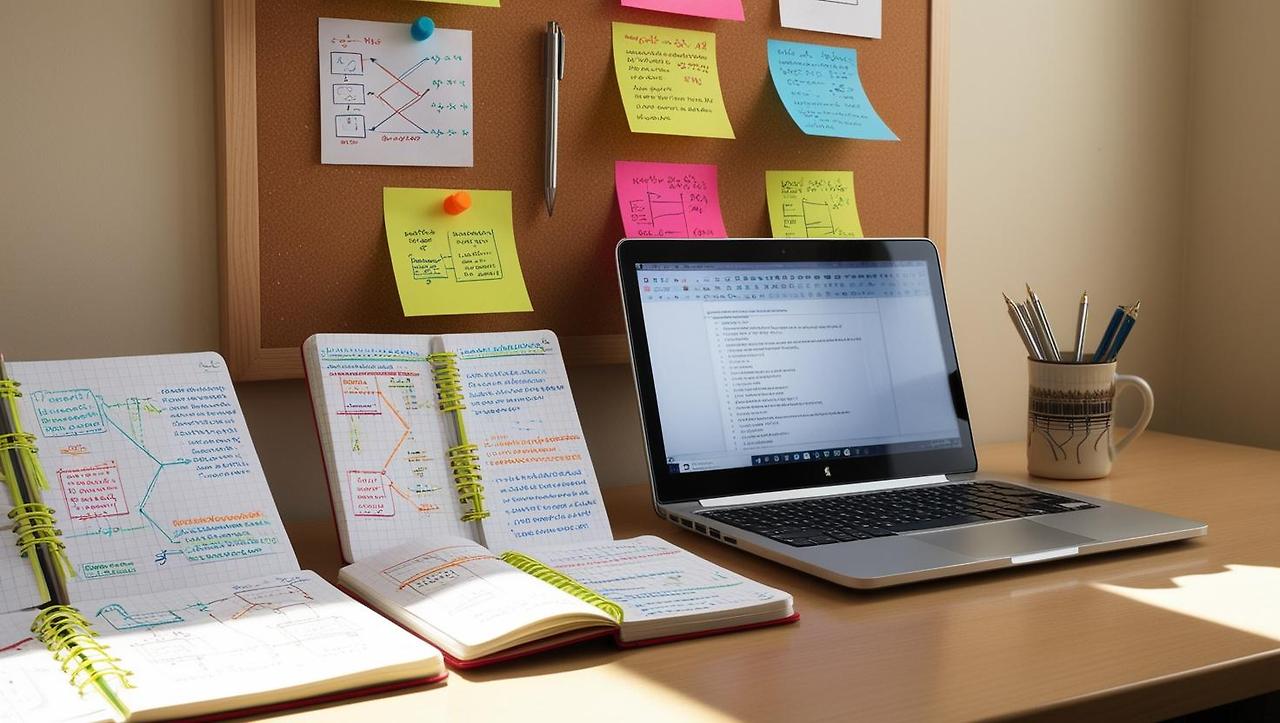 A neat, well-organized student desk with handwritten notebooks, a laptop, sticky notes on the wall, and pens in a cup. The notes should show diagrams, flowcharts, and colorful underlines. The scene should reflect a.jpg