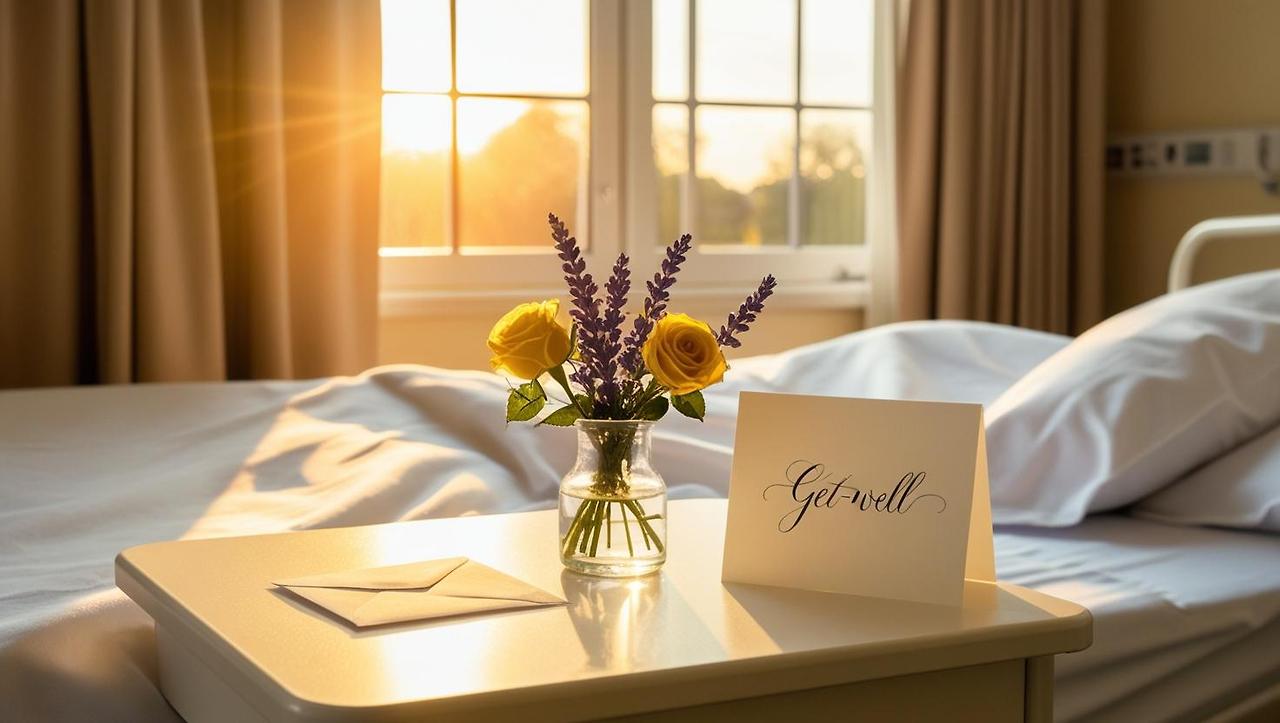 A cozy hospital room during late afternoon, soft natural light streaming through the window, a small bouquet of lavender and yellow roses in a clear glass on a side table, with a handwritten card nearby. (5).jpg