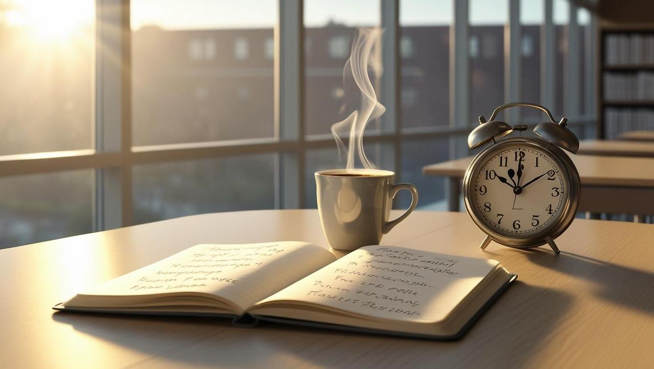 A clean, early morning student study desk in a quiet dorm or library. Include a cup of warm coffee, an open notebook with handwritten notes, a clock showing 5_30 AM, and morning light coming through the window. (2).jpg